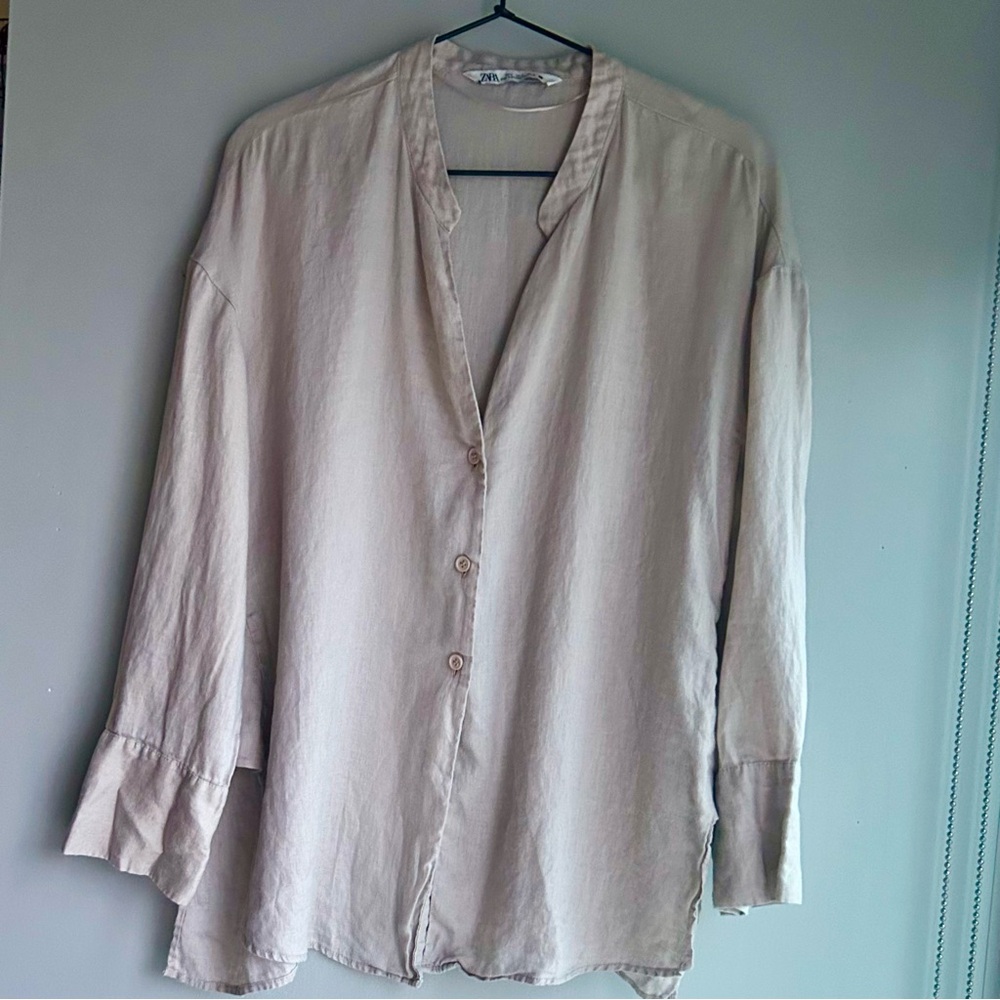 ZARA women’s linen 3/4 sleeve blouse tan ⭐️ excellent ⭐️